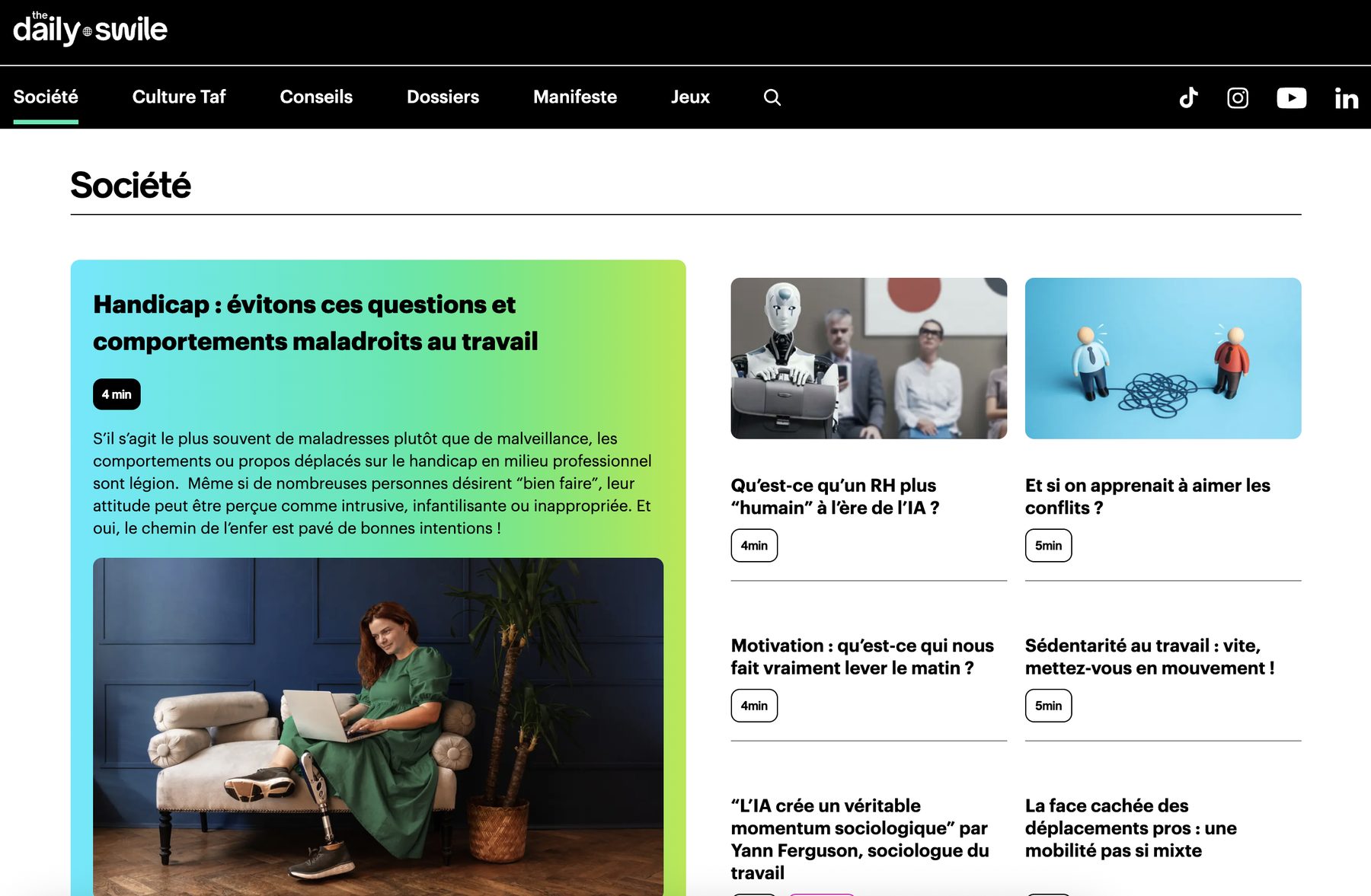 La page Société du site The Daily Swile : un article sur le handicap au travail en une, et d'autres articles sur l'IA, les conflits, la motivation.